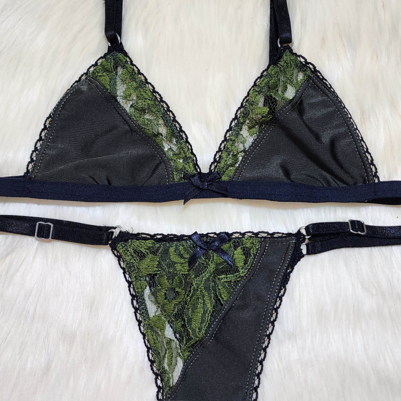Conjunto Combinado de Seda Fría/Encaje Verde